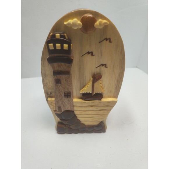 Polished Exotic Hardwood Wood Lighthouse Puzzle Trinket Box 7" Carver Dan - Picture 16 of 16